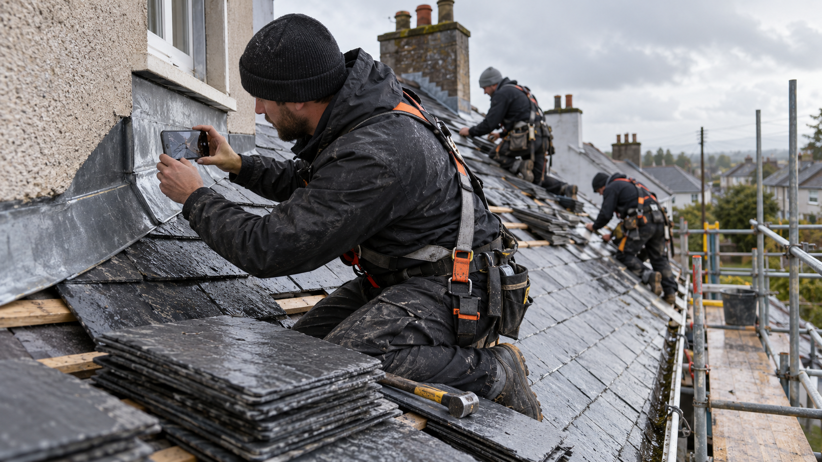Roofer photographing flashing detail on a slate roof
