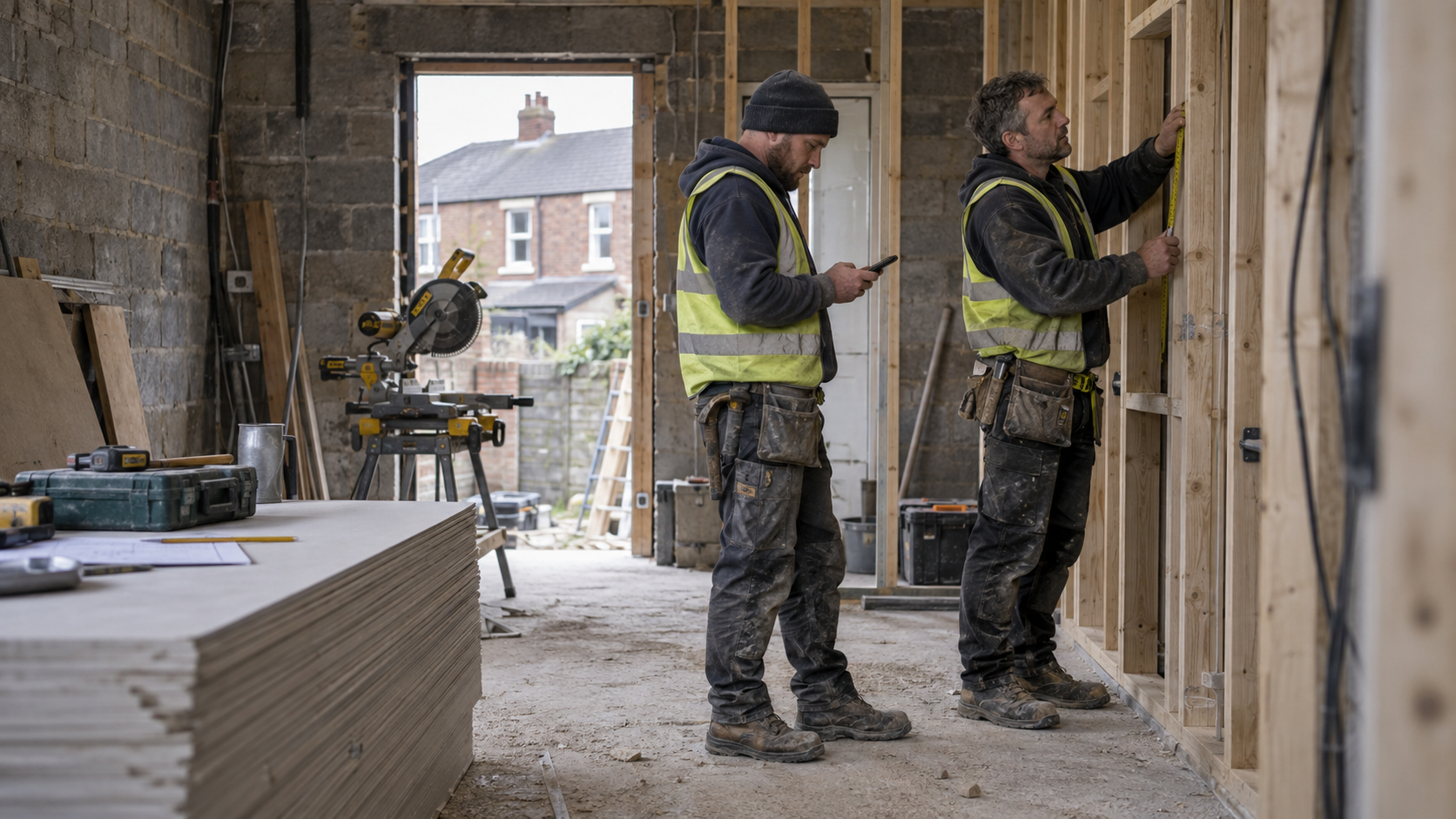 Builders setting out a stud wall in a house extension