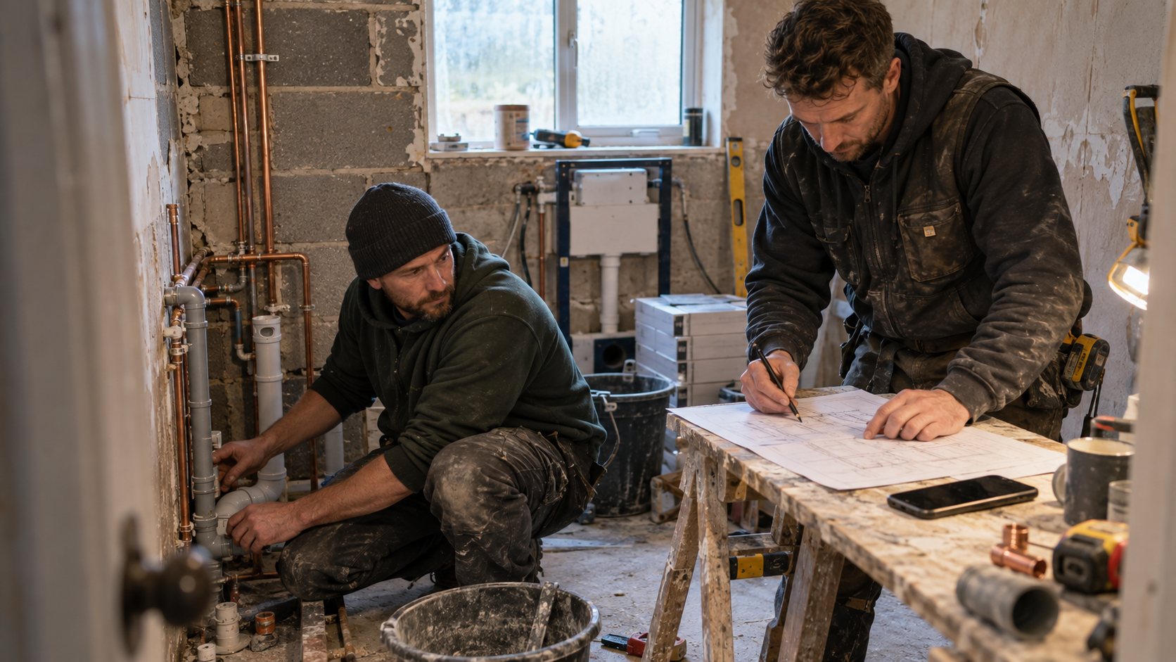 Trades reviewing drawings on a workbench during first fix